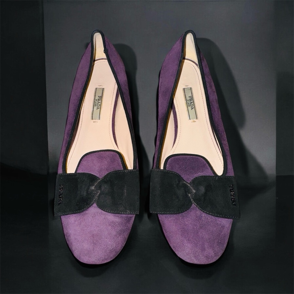 PRADA Calzature Donna Purple/Black Suede Bow Ballet Flats 37 1/2